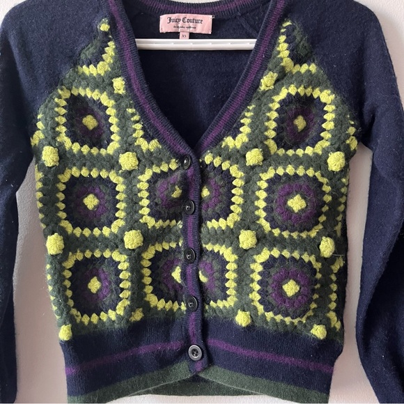 JUICY COUTURE Granny Square Retro Crochet Cardigan Size XS - Picture 2 of 6